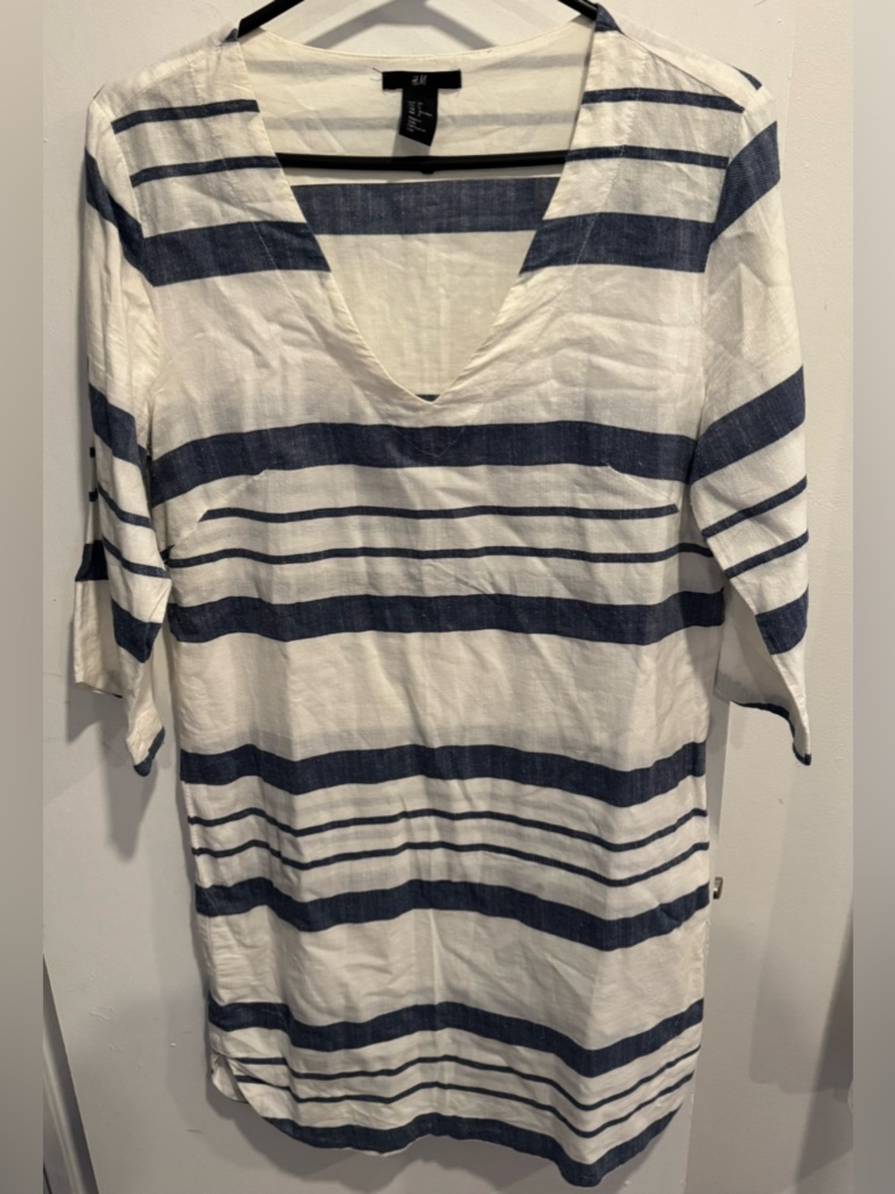 H&M cotton striped blouse mini dress tunic vneck blue white airy beach vacation